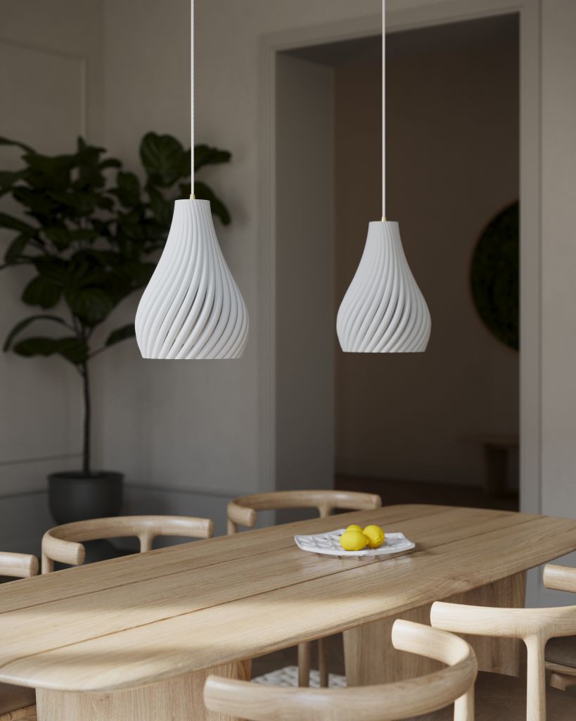 Sustainable 3D-printed luminaire in matte white PLA, designed for dining rooms