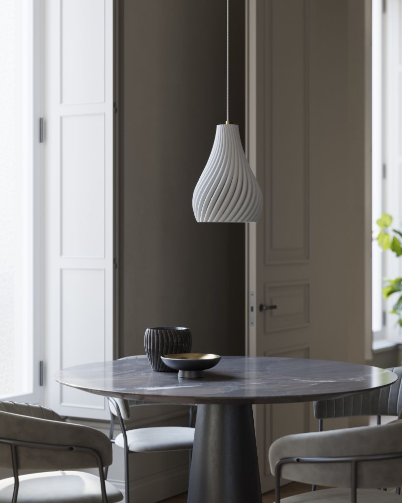 Arc pendant lamp with twisting arcs for modern Scandinavian interiors